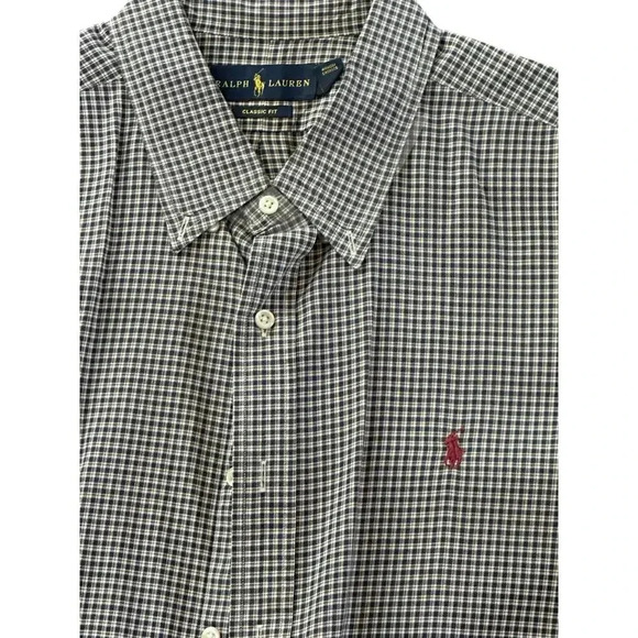 Ralph Lauren Grey Long Sleeve Button Down Classic Fit Checkered Shirt Size XXL - Picture 2 of 7
